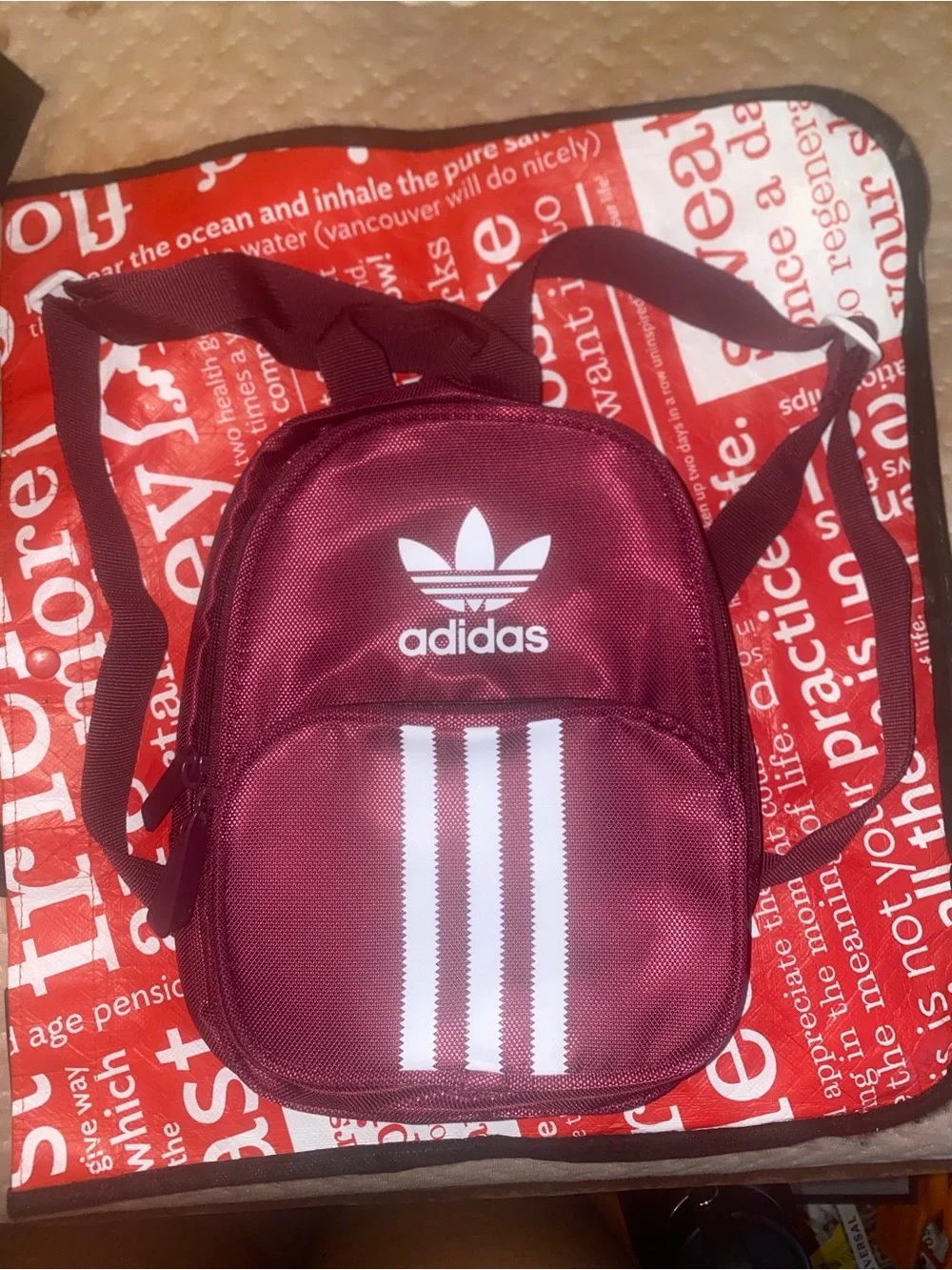 adidas Maroon Mini Backpack with White Trefoil and Stripes